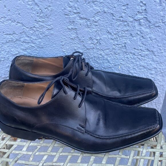 Louis Vuitton Mens Black Leather Lace Up Shoes LV Size 7.5 US 8.5 square toe - Picture 1 of 16